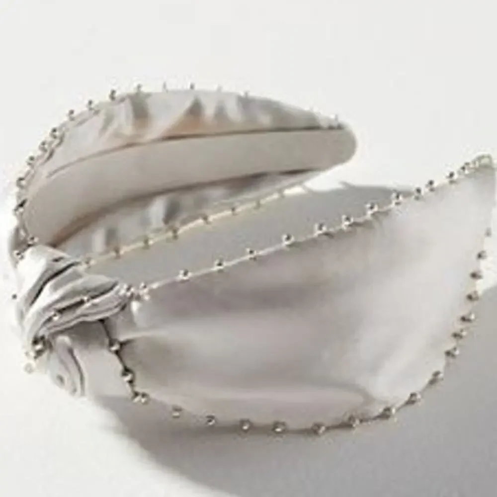 EVERLY x ATHRO Satin Studded Metallic Pearl Top Knot Wide Headband in Slate Gray